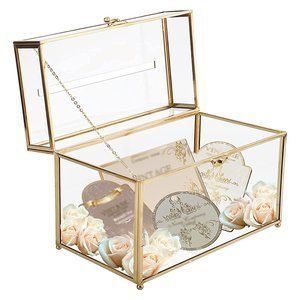 HighFree 10" Wedding Glass Card Box, Large Gold Terrarium Clear Glass Box w/slot